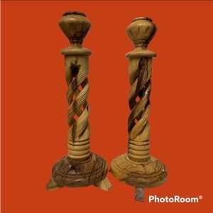 Hand Carved Bethlehem OliveWood Pair Candlesticks Holders (8.25” judaica Israel
